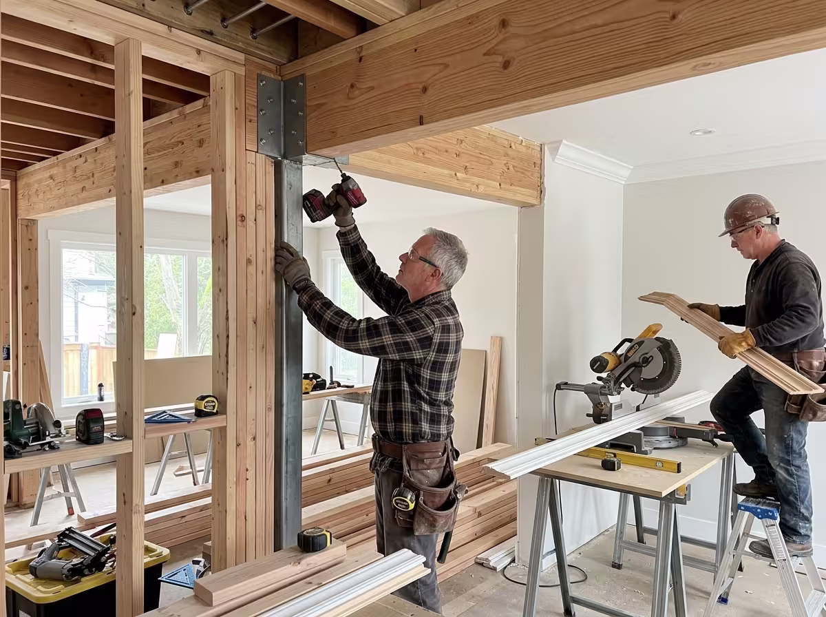 Carpenter working on structural framing repairs