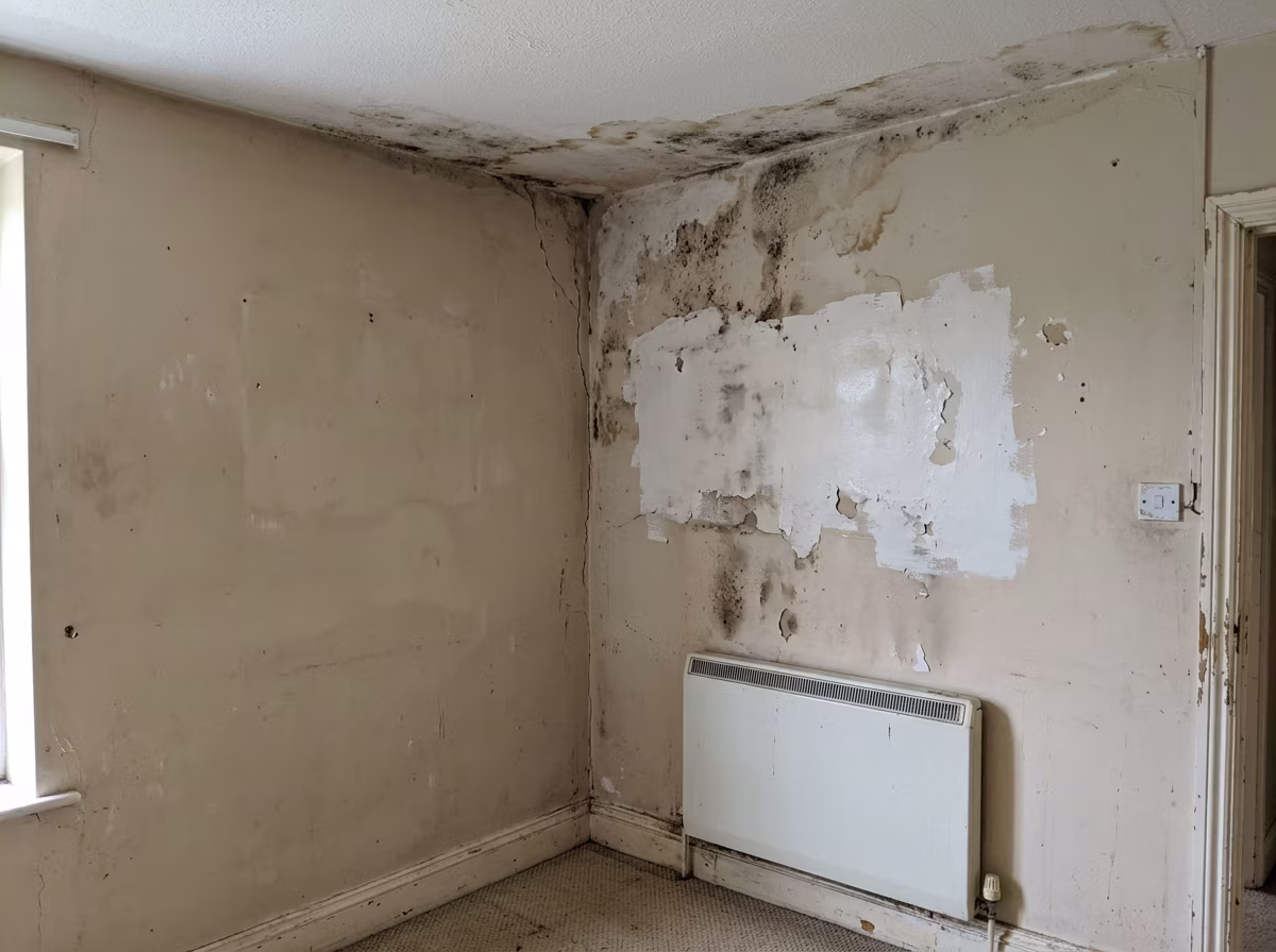 Mould and water staining on rental property wall before treatment