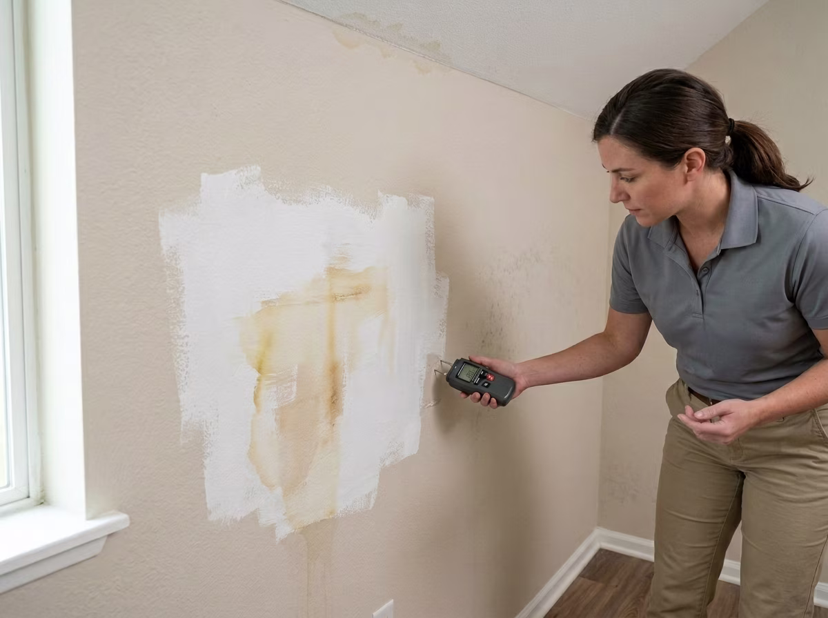 Professional assessing wall discoloration in rental property